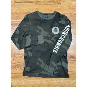 ABERCROMBIE FITCH Mens Sz Small Long Sleeve T Shirt Patch Logo Vintage Camo Y2K